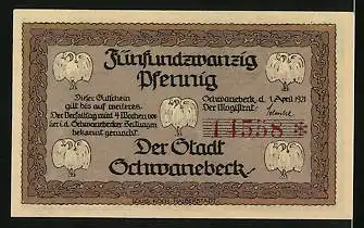 Notgeld Schwanebeck 1921, 25 Pfennig, Auf der Burg, Panneturm, Wappen