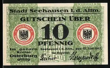 Notgeld Seehausen i. d. Altm. 1917, 10 Pfennig, Gebäudeansicht, Wappen