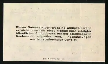 Notgeld Seehausen i. d. Altm. 1917, 10 Pfennig, Gebäudeansicht, Wappen