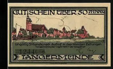 Notgeld Tangermünde 1921, 50 Pfennig, Uferpartie mit Kirche