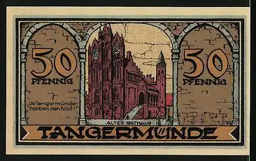 Notgeld Tangermünde 1921, 50 Pfennig, Uferpartie mit Kirche