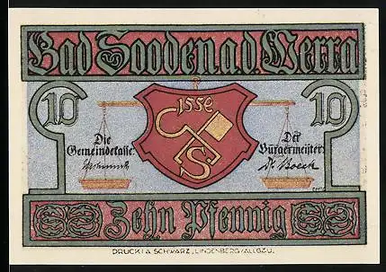 Notgeld Bad Sooden a. d. Werra, 10 Pfennig, Waage Gemeindekasse und Bürgermeister, Wappen