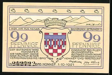 Notgeld Bad Honnef am Rhein 1921, 99 Pfennige, Löwenburg zur Ritterzeit, Wappen