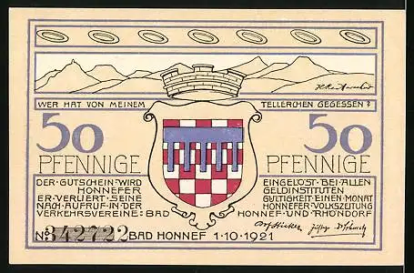 Notgeld Bad Honnef am Rhein 1921, 99 Pfennige, Ortspartie