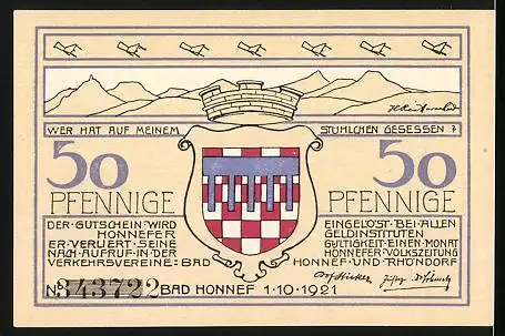 Notgeld Bad Honnef am Rhein 1921, 50 Pfennig, Ortspartie mit Kirche, Wappen