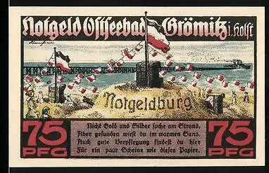 Notgeld Grömitz i. Holst. 1921, 75 Pfennig, Strand mit Notgeldburg