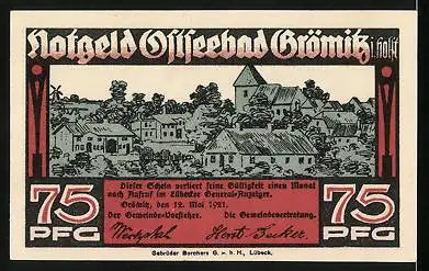 Notgeld Grömitz i. Holst. 1921, 75 Pfennig, Strand mit Notgeldburg