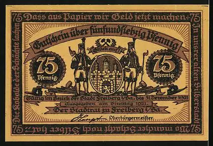 Notgeld Freiberg i. Sa. 1921, 75 Pfennig, Bergwerk mit Arbeitern