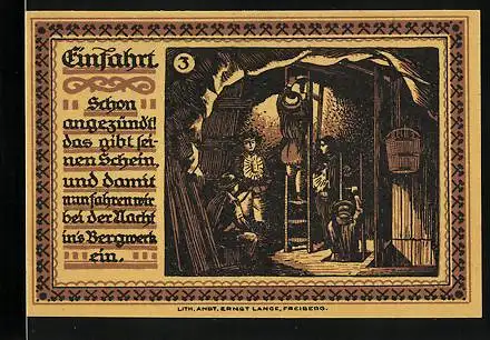 Notgeld Freiberg i. Sa. 1921, 75 Pfennig, Arbeiter mit Laterne im Bergwerk