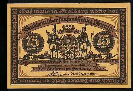 Notgeld Freiberg i. Sa. 1921, 75 Pfennig, Bergmänner mit Stadtwappen