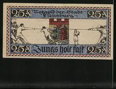 Notgeld Flensburg 1920, 25 Pfennig, Männer beim Tauziehen, Wappen