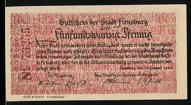 Notgeld Flensburg 1920, 25 Pfennig, Männer beim Tauziehen, Wappen