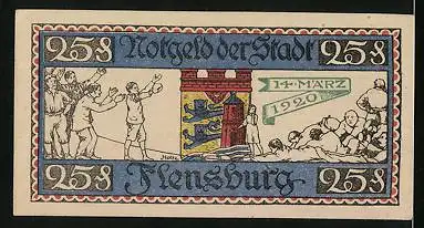 Notgeld Flensburg 1920, 25 Pfennig, Männer beim Tauziehen, Wappen