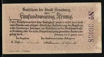 Notgeld Flensburg 1920, 25 Pfennig, Männer beim Tauziehen, Wappen