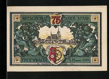 Notgeld Freienwalde i. Pomm. 1920, 75 Pfennig, Uferpartie mit Kirche, Wappen