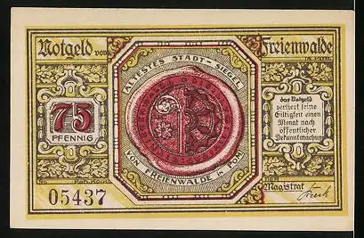 Notgeld Freienwalde i. Pomm. 1920, 75 Pfennig, Uferpartie mit Kirche, Wappen