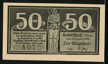 Notgeld Halberstadt a. Harz 1921, 50 Pfennig, Buko von Halberstadt, Kirche