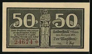 Notgeld Halberstadt a. Harz 1921, 50 Pfennig, Buko von Halberstadt, Kirche