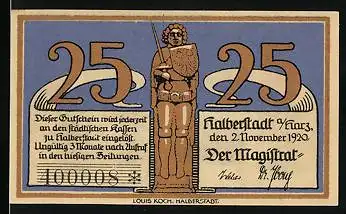 Notgeld Halberstadt a. Harz 1920, 25 Pfennig, Krieger, Ortspartie, Wappen