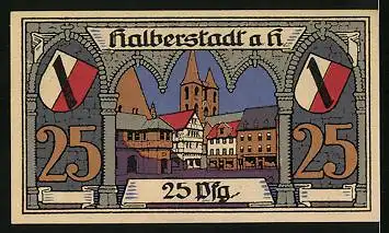 Notgeld Halberstadt a. Harz 1920, 25 Pfennig, Krieger, Ortspartie, Wappen