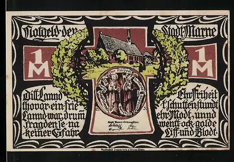 Notgeld Marne 1922, 1 Mark, Ortspartie mit Kirche
