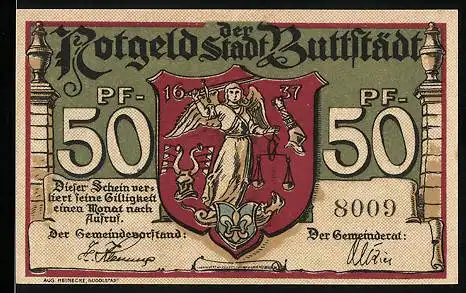 Notgeld Buttstädt, 50 Pfennig, Kornmarkt mit Rathaus, Stadtwappen