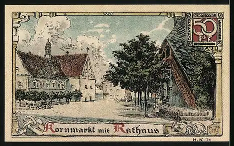 Notgeld Buttstädt, 50 Pfennig, Kornmarkt mit Rathaus, Stadtwappen