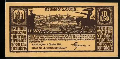Notgeld Neustadt a. d. Orla 1921, 1,50 Mark, Ortsansicht mit Kriegern