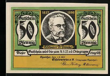 Notgeld Speicher 1921, 50 Pfennig, Eifelvater Dr. Dronke, 1837-1898