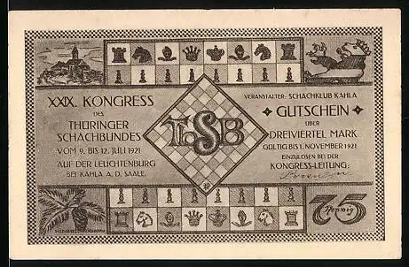 Notgeld Kahla a. d. Saale 1921, 75 Pfennig, XXIX. Kongress des Thüringer Schachbundes 1921, Schachbrett mit Figuren