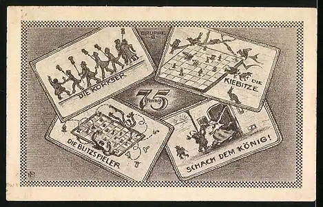 Notgeld Kahla a. d. Saale 1921, 75 Pfennig, XXIX. Kongress des Thüringer Schachbundes 1921, Schachbrett mit Figuren