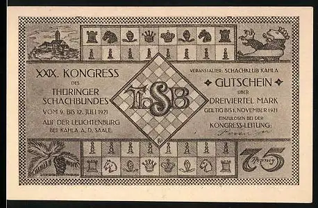 Notgeld Kahla a. d. Saale 1921, 75 Pfennig, XXIX. Kongress des Thüringer Schachbundes 1921, Kirche, Schachbrett