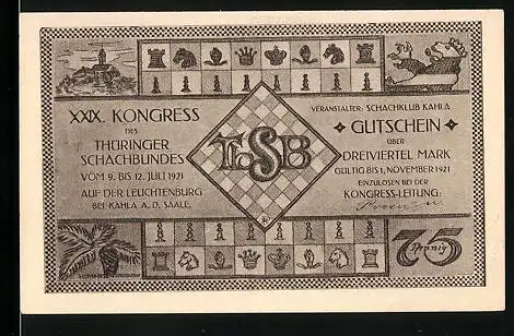Notgeld Kahla a. d. Saale 1921, 75 Pfennig, XXIX. Kongress des Thüringer Schachbundes 1921, Kirche, Schachbrett