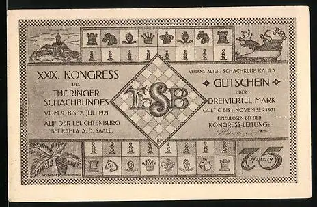 Notgeld Kahla a. d. Saale 1921, 75 Pfennig, XXIX. Kongress des Thüringer Schachbundes 1921, Kirche, Schachbrett