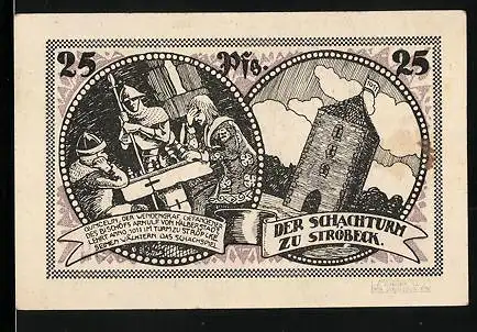 Notgeld Ströbeck 1921, 25 Pfennig, Der Schachturm, Gungelin der Wendengraf lehrt seine Wächter das Schachspiel