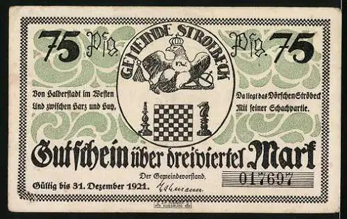 Notgeld Stroebeck 1921, 75 Pfennig, Herzog Ludwig Rudolf von Braunschweig und der Dorfschulze Söllig spielen Schach