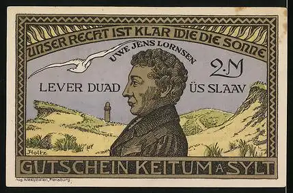 Notgeld Keitum a. Sylt 1920, 2 Mark, Uwe Jens Lornsen