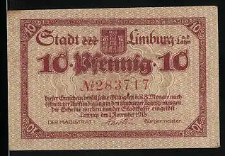 Notgeld Limburg a. d. Lahn 1918, 10 Pfennig, Krieger erlegt einen Drachen