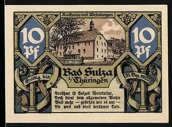 Notgeld Bad Sulza i. Thüringen 1921, 10 Pfennig, Rathaus mit Weinbergen
