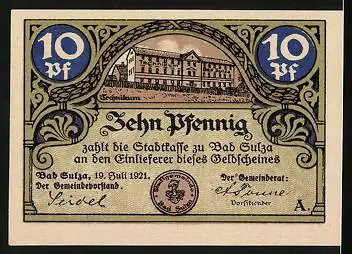 Notgeld Bad Sulza i. Thüringen 1921, 10 Pfennig, Rathaus mit Weinbergen