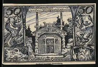 Notgeld Thale /Harz 1921, 50 Pfennig, Teufelsmauer u. Walpurgishalle mit Opferstein vom Heidenwalle