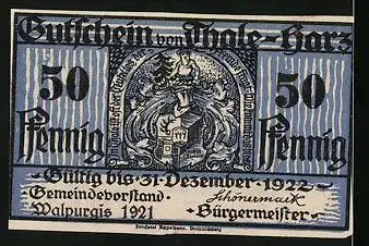 Notgeld Thale /Harz 1921, 50 Pfennig, Teufelsmauer u. Walpurgishalle mit Opferstein vom Heidenwalle