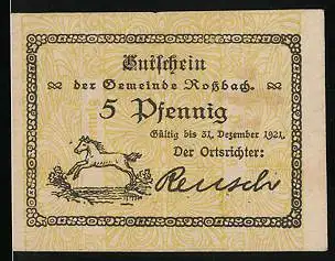 Notgeld Rossbach 1921, 5 Pfennig, Pferd springt über Graben