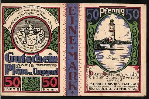 Notgeld Plön 1921, 50 Pfennig, Waldshagener Trum am Plöner See, Stadtwappen
