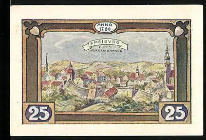 Notgeld Freiburg 1921, 25 Pfennig, Silesia vor dem Brande anno 1700
