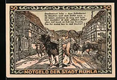 Notgeld Ruhla in Thüringen 1921, 50 Pfennig, Rinder am Wegweiser nach Ruhla
