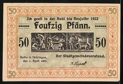 Notgeld Ruhla in Thüringen 1921, 50 Pfennig, Rinder am Wegweiser nach Ruhla