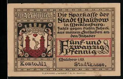 Notgeld Malchow i. M., 25 Pfennig, Teilansicht mit Kloster, Stadtwappen