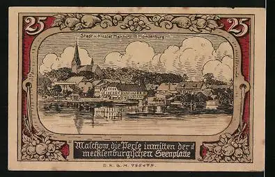 Notgeld Malchow i. M., 25 Pfennig, Teilansicht mit Kloster, Stadtwappen