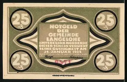 Notgeld Langelohe 1922, 25 Pfennig, Hahn mit Federpracht